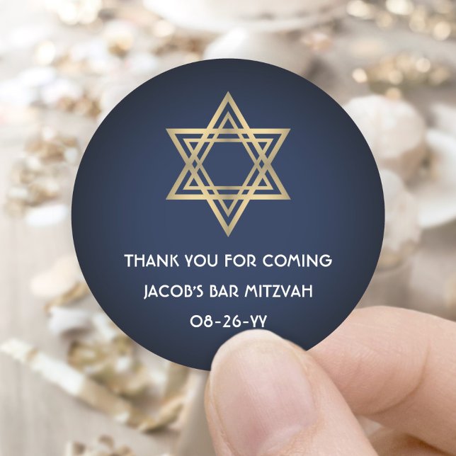 Sticker Rond Bar Mitzvah Elegant Star de David Navy Blue & Gold (Créateur téléchargé)