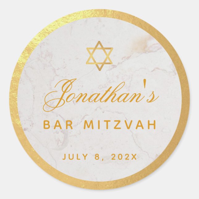 Sticker Rond Bar Mitzvah Elégante Faux Gold Marble Calligraphie (Devant)