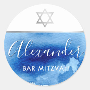 Sticker Rond BAR MITZVAH étoile argent bleu aquarelle invitatio