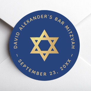 Sticker Rond Bar Mitzvah Étoile de David Fausse Or Royale Bleue