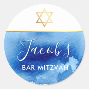 Sticker Rond BAR MITZVAH étoile or smart bleu aquarelle invitat