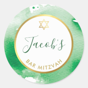 Sticker Rond BAR MITZVAH étoile or smart kelly vert aquarelle