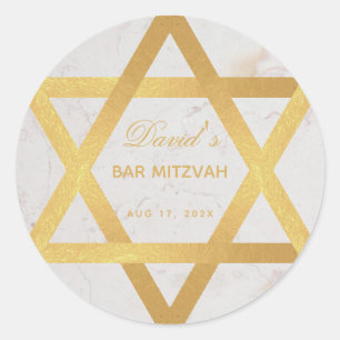 Sticker Rond Bar Mitzvah Faux Gold Star de David Script Marbre