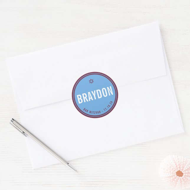 Sticker Rond BAR MITZVAH faveur moderne marron bleu (Enveloppe)