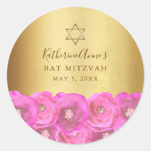Sticker Rond Bar Mitzvah Fleur de Rose Rose Élégant Or