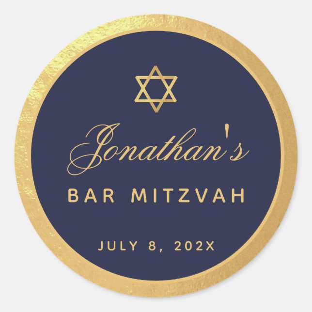 Sticker Rond Bar Mitzvah Marine Bleu Faux Or Élégant Script (Devant)
