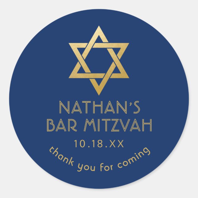 Sticker Rond Bar Mitzvah Merci Marine Blue Gold Star de David (Devant)