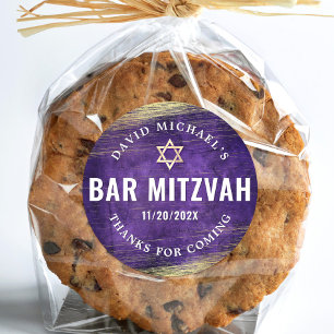 Sticker Rond Bar Mitzvah moderne aquarelle violet feuille d'or