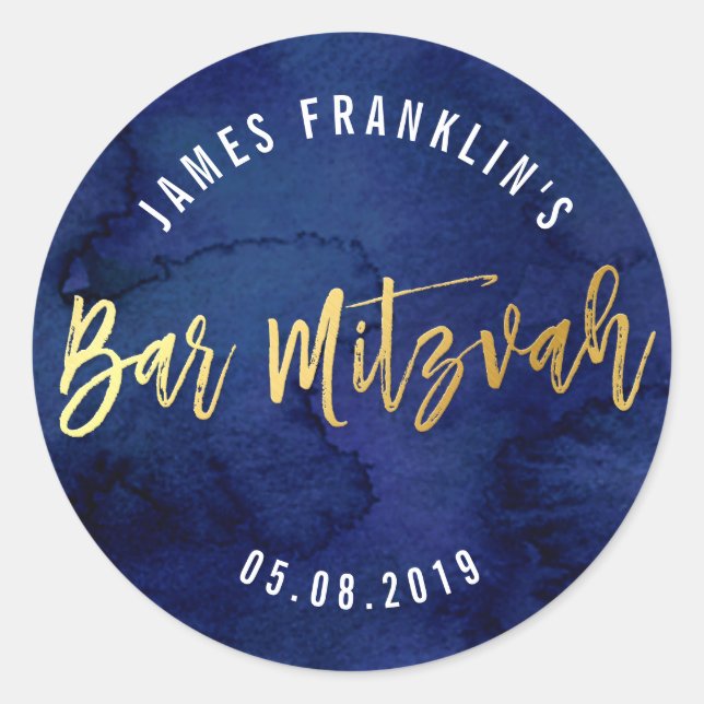 Sticker Rond BAR MITZVAH moderne bleu aquarelle or écriture (Devant)
