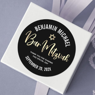Sticker Rond Bar Mitzvah Noir Or Feuille Script Gras Moderne