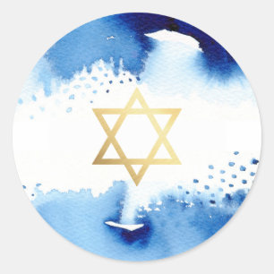 Sticker Rond BAR MITZVAH or étoile smart bleu foncé aquarelle