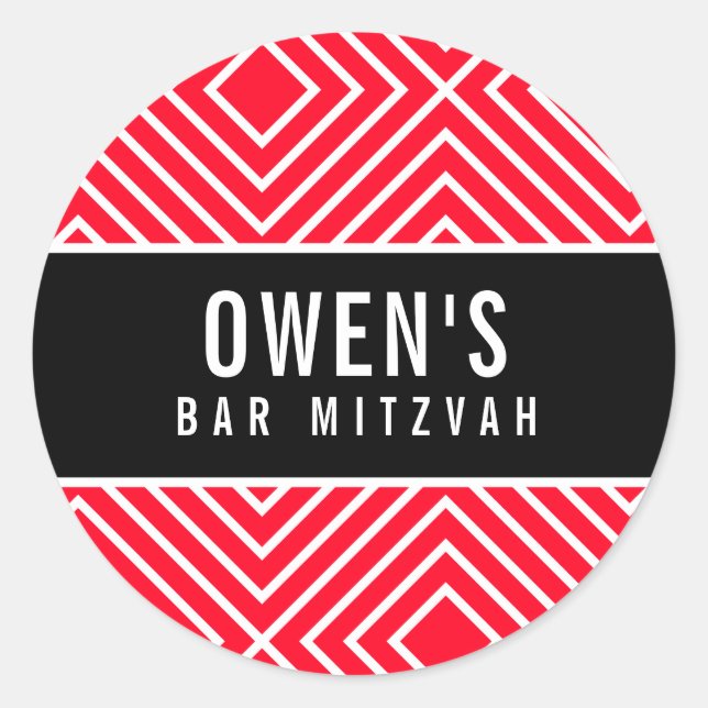 Sticker Rond BAR MITZVAH simple moderne géométrique rouge noir (Devant)