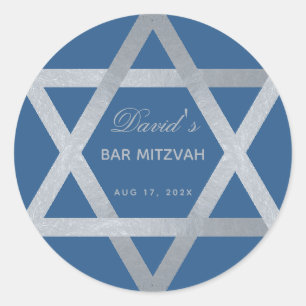 Sticker Rond Bar Mitzvah Star de David Classic Blue Faux Argent