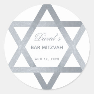 Sticker Rond Bar Mitzvah Star de David Faux Argent Gris Script