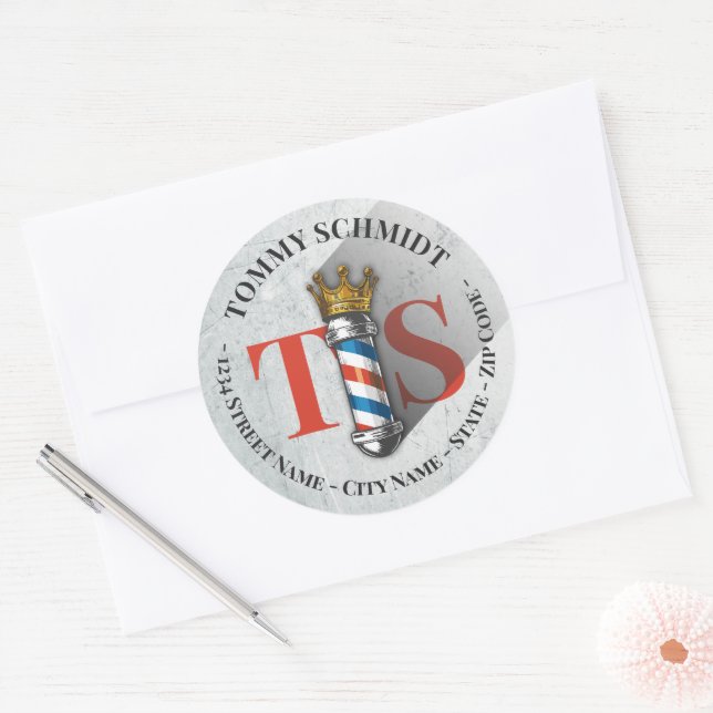 Sticker Rond Barber Hair Shop Crown Barber Pole Salon Adresse (Enveloppe)
