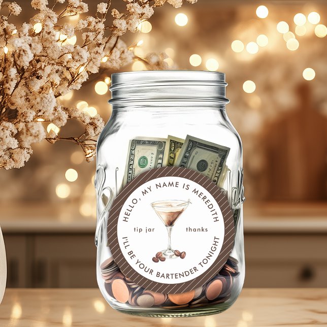 Sticker Rond Barman Pot à Pourboire pour Martini Espresso (Bartender Espresso Martini Cocktail Theme Elegant Stripes Personalized Tip Jar)