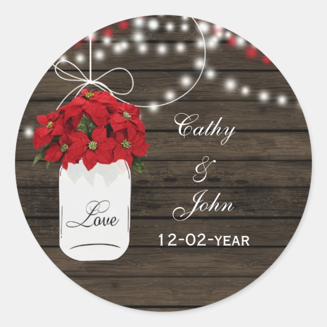 Sticker Rond Barne bois poinsettias mason jarre mariage rustiqu (Devant)