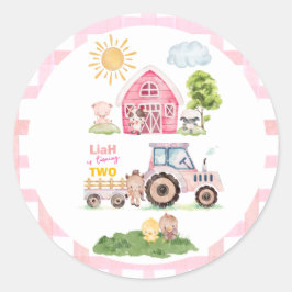 Sticker Rond Barnyard Fun Pink 2nd Birthday 