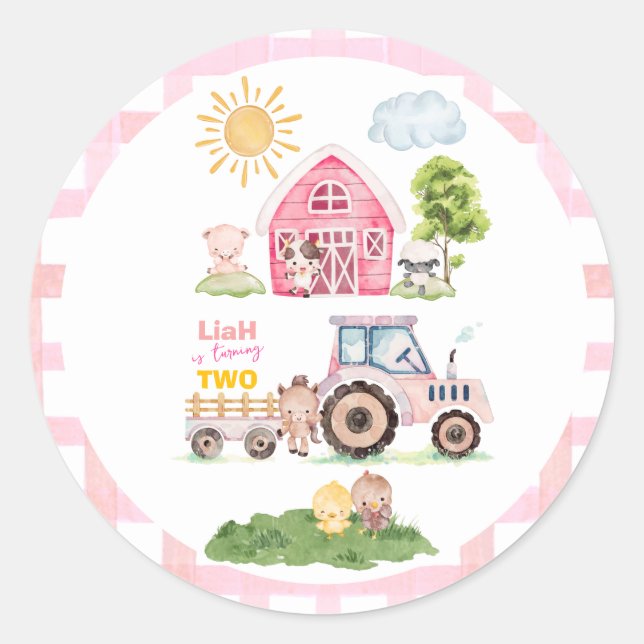 Sticker Rond Barnyard Fun Pink 2nd Birthday  (Devant)