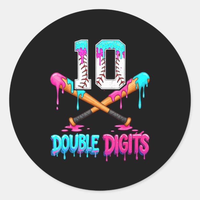 Sticker Rond Baseball 10 Year Old Ice Cream Drip 10th Bday Doub (Devant)