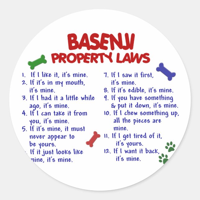 Sticker Rond BASENJI, lois sur la propriété 2 (Devant)