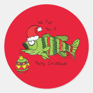 Sticker Rond Basse de Noël amusante Pêche Poisson Caricature