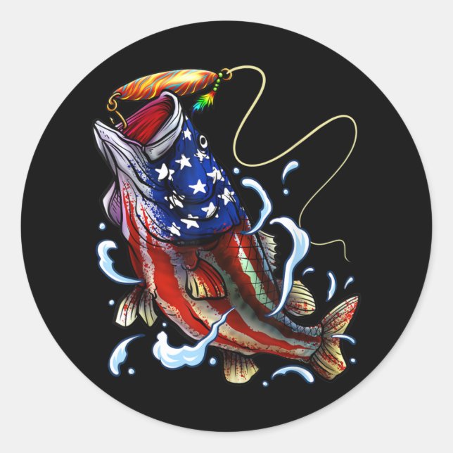 Sticker Rond Basse Pêche Poisson Drapeau américain Pêche patrio (Devant)