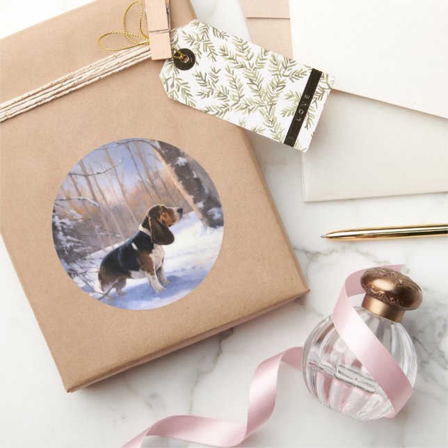Sticker Rond Basset Hound Laisser neiger Noël (Cadeaux)