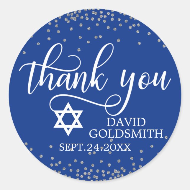 Sticker Rond BAT/BAR MITZVAH Merci en argent bleu marine (Devant)