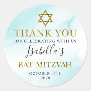 Sticker Rond Bat mitzvah Aquarelle Pastel Blue Gold Merci