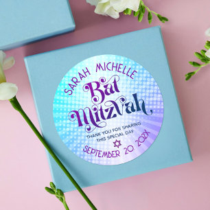 Sticker Rond Bat Mitzvah Audacieux Rétro Bohème Dégradé Bleu Vi
