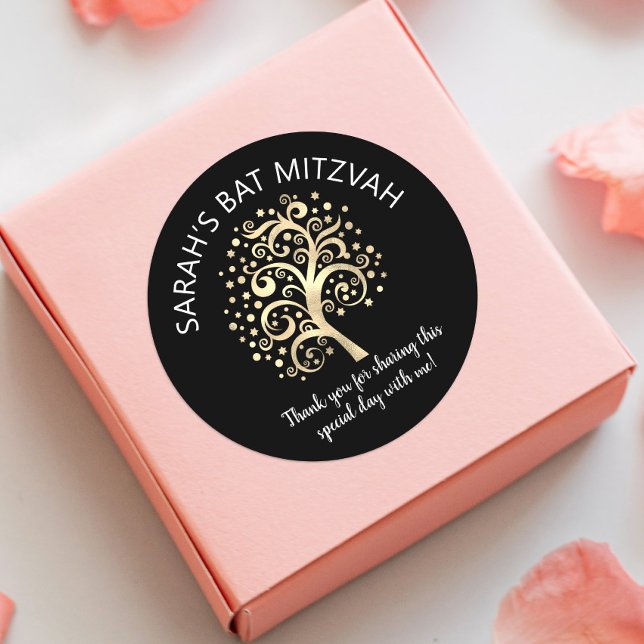 Sticker Rond Bat mitzvah Black Gold Foil Arbre de vie Script (Créateur téléchargé)