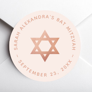 Sticker Rond Bat Mitzvah Fille Rose Or Étoile de David