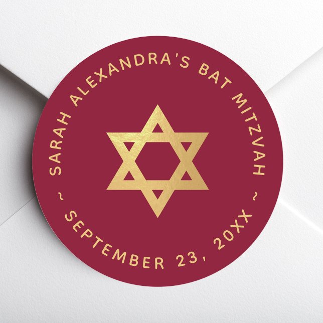 Sticker Rond Bat Mitzvah Girl Faux Gold Star of David Burgundy  (Créateur téléchargé)