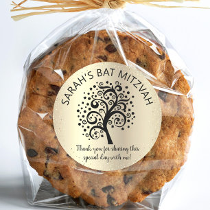 Sticker Rond Bat mitzvah Gold Foil Black Tree of Life Script