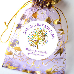 Sticker Rond Bat mitzvah Gold Foil Tree Life, Purple Typographi