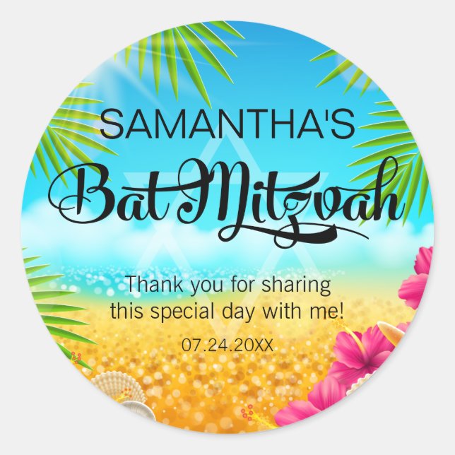 Sticker Rond Bat mitzvah Hibiscus rose de plage Tropical (Devant)