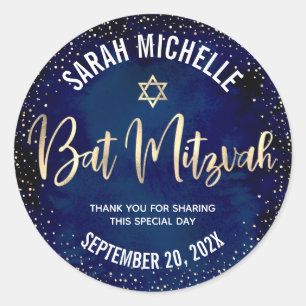 Sticker Rond Bat Mitzvah Moderne Bleu Marine Paillettes Dorées 