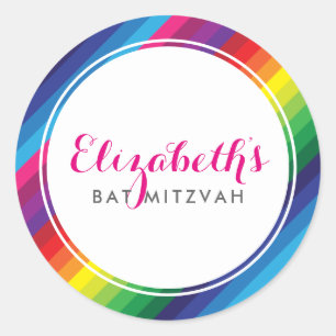 Sticker Rond BAT MITZVAH moderne coloré arc-en-ciel rayé brilla