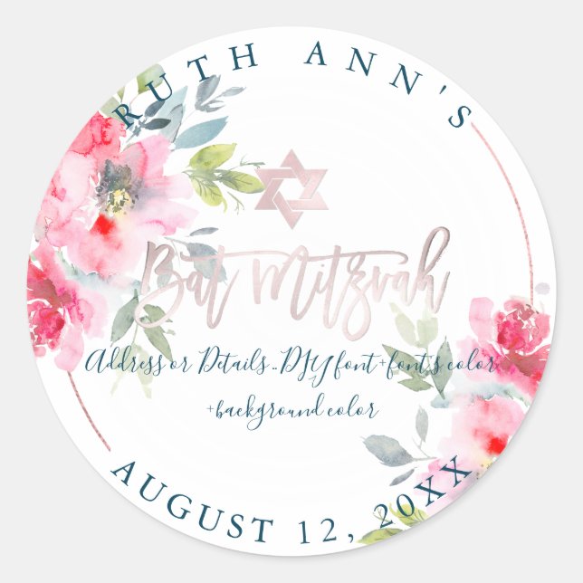 Sticker Rond Bat mitzvah PixDezines, Aquarelle Florale, Ombre (Devant)