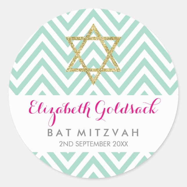 Sticker Rond BAT MITZVAH SEAL chevron motif or étoile menthe (Devant)