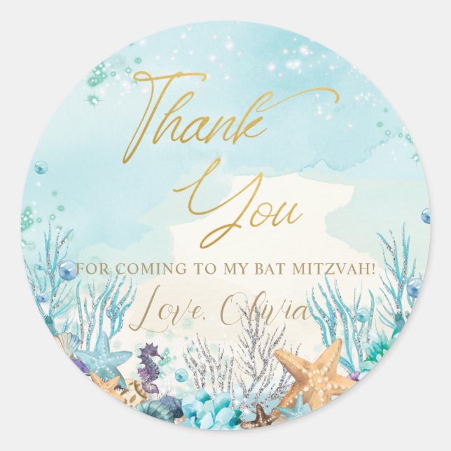 Sticker Rond Bat mitzvah Sous la mer Beach Océan Anniversaire (Devant)