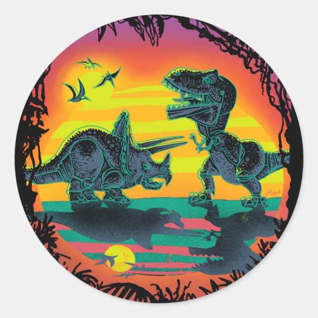 Sticker Rond BATAILLE ÉPIQUE de DINOSAURE à l'aube (Devant)
