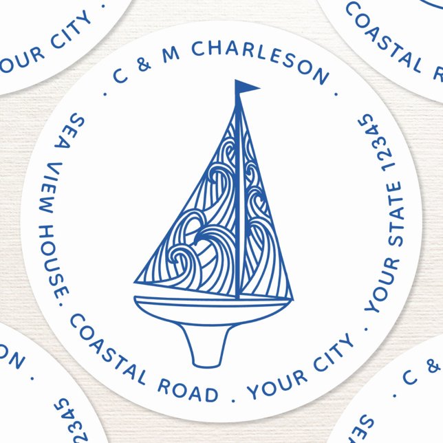 Sticker Rond Bateau à voile Nom personnalisé Adresse (Sailing boat name address personalized sticker)
