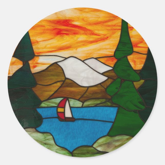 Sticker Rond Bateau à voile sur Mountain Lake Design Art (Devant)