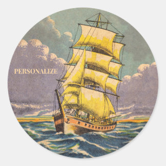 Sticker Rond Bateau à voile vintage Dessin nautique Cool Côtier