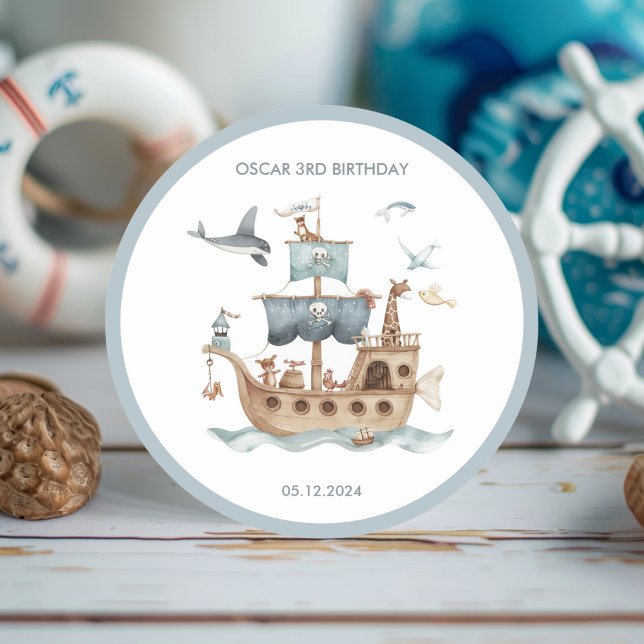 Sticker Rond Bateau pirate avec Animaux Fête des enfants (Créateur téléchargé)