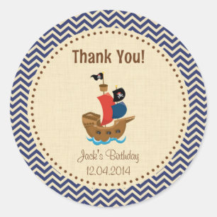 Sticker Rond Bâtiment Rustique Pirate Merci Anniversaire Bleu