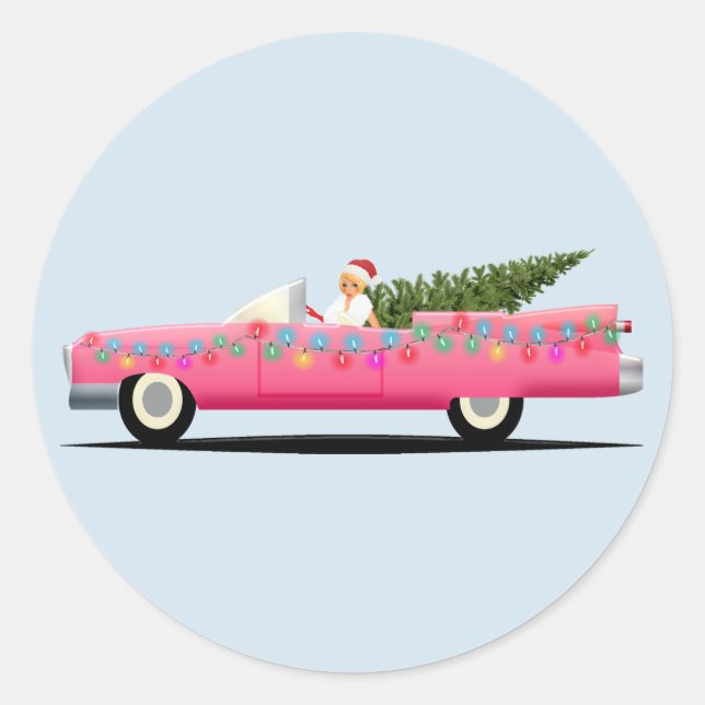 STICKER ROND BÂTIMENTS CLASSIQUES DE NOËL EN VOITURE ROSE (Devant)