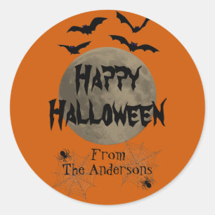 Sticker Rond Bats Éffrayants noirs et orange Halloween heureux